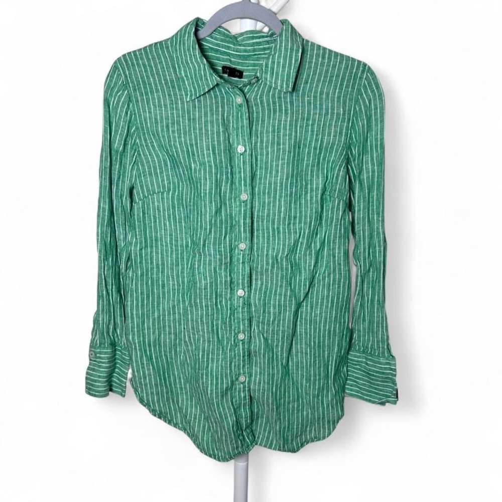 Talbots Womens Coastal Linen Top Size S Kelly Green Striped‎ Preppy Classic
